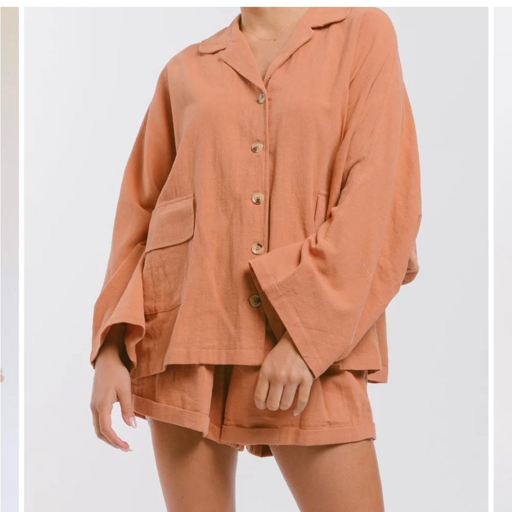 The Lullaby Club Terracotta/Clay Button-Up Shirt and Shorts Set